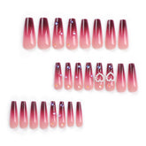 VIBEFICANT GLAZE Valentines Edition - Burgundy Ombre Long Coffin 3D  Pearl Heart and Crystal Beads Press-On Nails